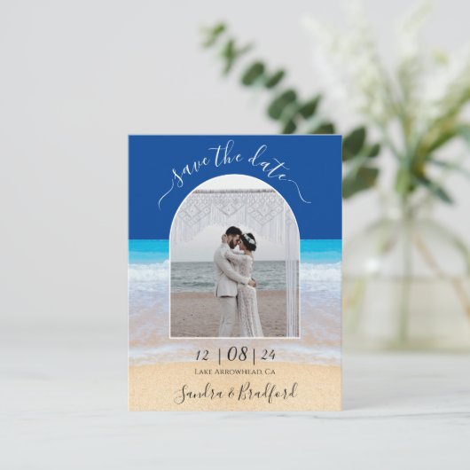 Ocean Blue Tropical Beach Photo Arch Save the Date Bedankkaart (Staand voorkant)