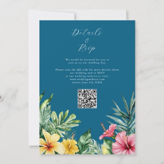 Ocean Blue Tropical Floral QR Code Wedding Kaart (Achterkant)