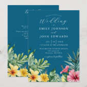Ocean Blue Tropical Floral QR Code Wedding Kaart (Voorkant / Achterkant)