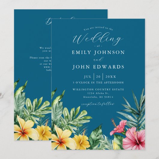 Ocean Blue Tropical Floral QR Code Wedding Kaart (Voorkant / Achterkant)