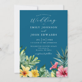 Ocean Blue Tropical Floral QR Code Wedding Kaart