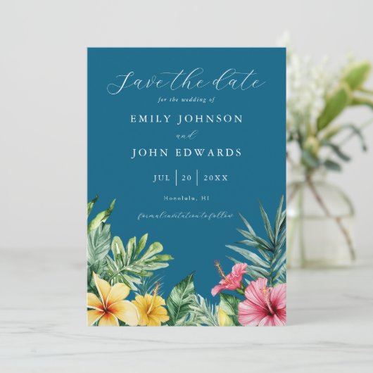 Ocean Blue Tropical Flowers Fotobruiloft Save The Date (Staand voorkant)