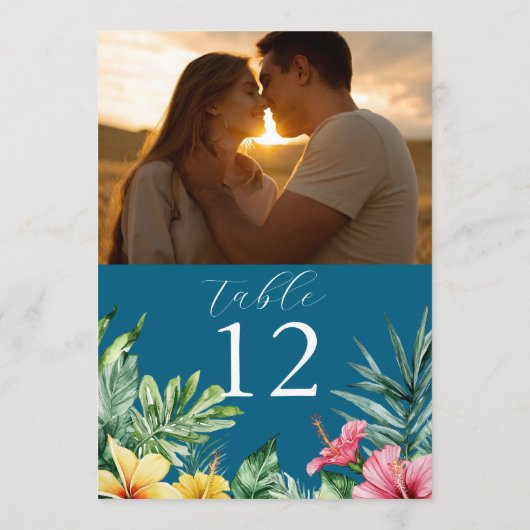 Ocean Blue Tropical Flowers Fototafelnummer Kaart (Achterkant)