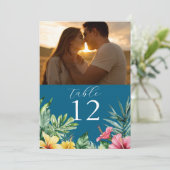 Ocean Blue Tropical Flowers Fototafelnummer Kaart (Staand voorkant)