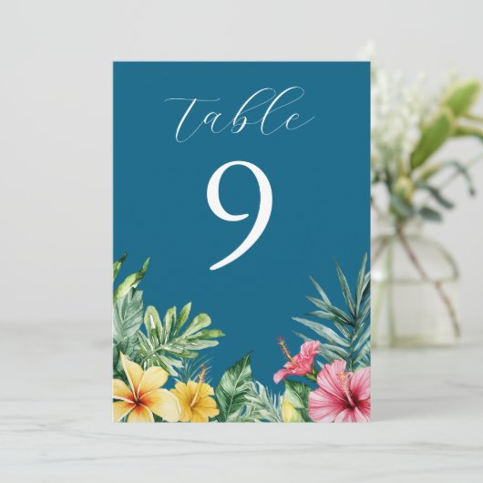 Ocean Blue Tropical Flowers Greenery Tafelnummer (Staand voorkant)