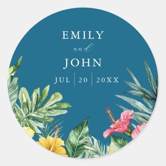 Ocean Blue Tropical Flowers Wedding Favoriet Ronde Sticker (Voorkant)