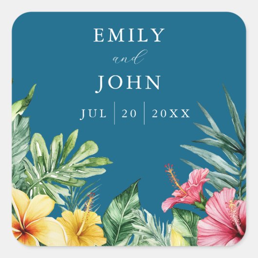 Ocean Blue Tropical Flowers Wedding Favoriet Vierkante Sticker (Voorkant)