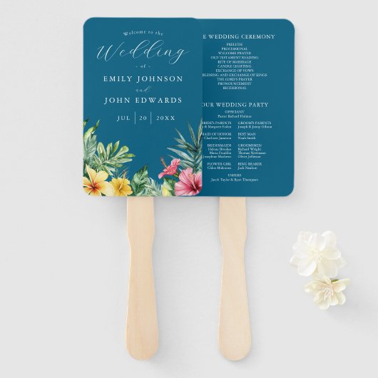 Ocean Blue Tropical Flowers Wedding Program Handwaaier (Voorkant en achterkant)