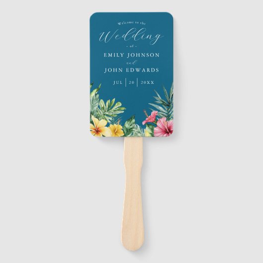 Ocean Blue Tropical Flowers Wedding Program Handwaaier (Voorkant)