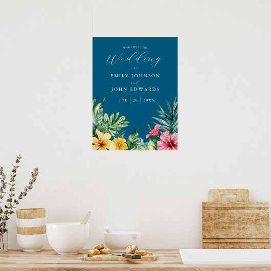 Ocean Blue Tropical Flowers Wedding Welcome Sign Poster (Keuken)