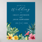Ocean Blue Tropical Flowers Wedding Welcome Sign Poster (Voorkant)