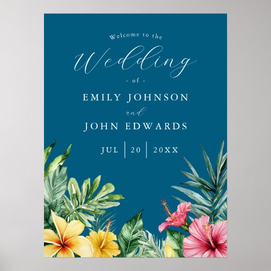 Ocean Blue Tropical Flowers Wedding Welcome Sign Poster (Voorkant)