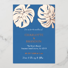 Ocean Blue Tropische Monstera Leaf Bruiloft Folie Uitnodiging