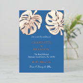 Ocean Blue Tropische Monstera Leaf Bruiloft Folie Uitnodiging (Staand Voorkant)