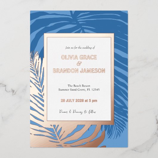 Ocean Blue tropische palmblad bruiloft Folie Uitnodiging (Voorkant)