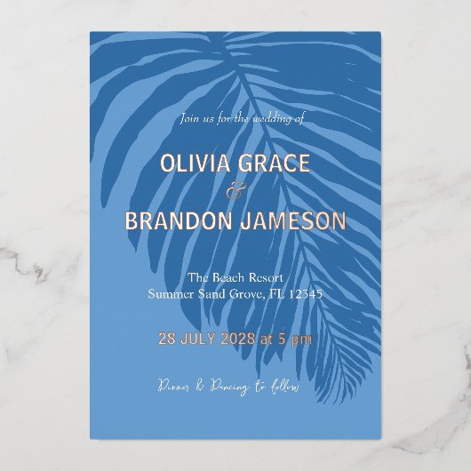 Ocean Blue tropische palmblad bruiloft Folie Uitnodiging (Voorkant)