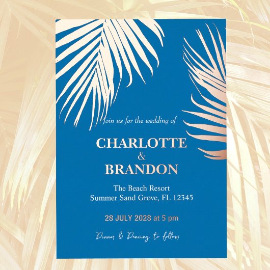 Ocean Blue tropische palmblad bruiloft goud Folie Uitnodiging