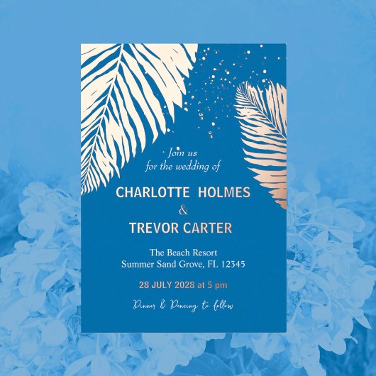 Ocean Blue tropische palmen strand bruiloft goud Folie Uitnodiging