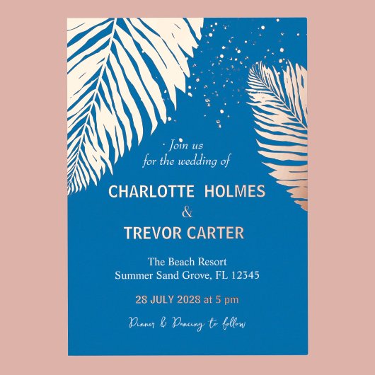 Ocean Blue tropische palmen strand bruiloft goud Folie Uitnodiging