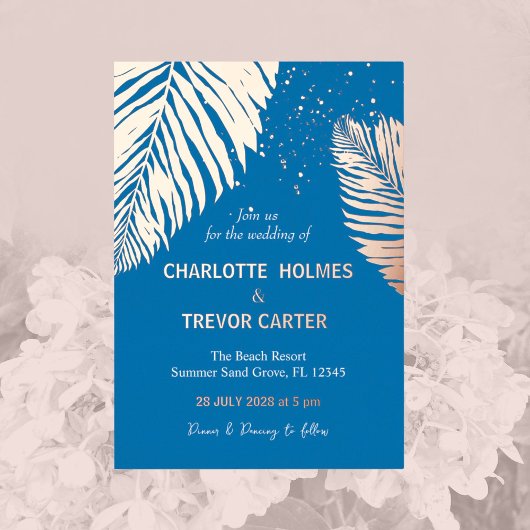 Ocean Blue tropische palmen strand bruiloft goud Folie Uitnodiging