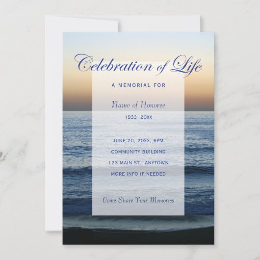 Ocean Blue Viering van het leven Memorial uitnodig Kaart (Voorkant)