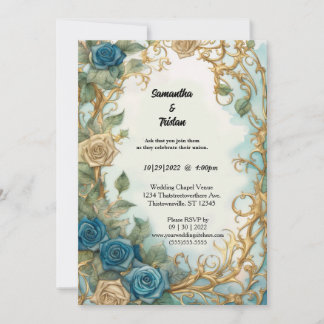 Ocean Blue Waterverf Bloemen Roos Elegante bruilof Kaart