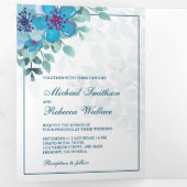 Ocean Blue Waterverf Floral Fotobruiloft Drieluik Uitnodiging (Binnenzijde eerst)