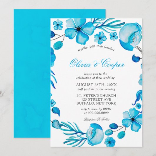 Ocean Blue Waterverf Floral Wedding Invitation Kaart (Voorkant / Achterkant)