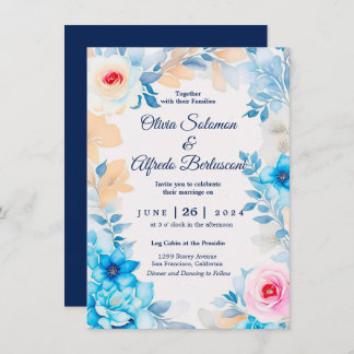Ocean blue waterverf floral Wedding Invite Kaart