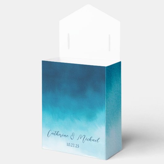 Ocean Blue Waterverf golven met monogram bruiloft Bedankdoosjes (Geopend)