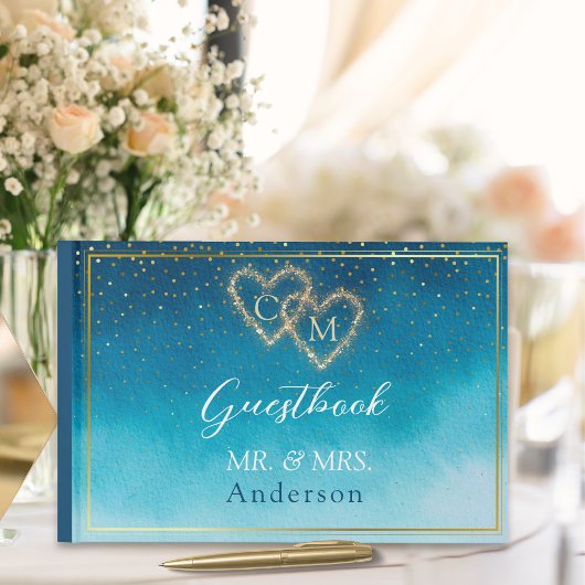Ocean Blue Waterverf golven met monogram bruiloft Gastenboek