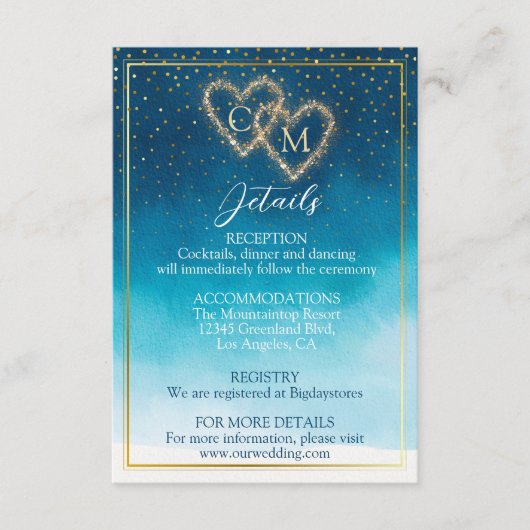Ocean Blue Waterverf golven met monogram bruiloft Informatiekaartje (Voorkant)