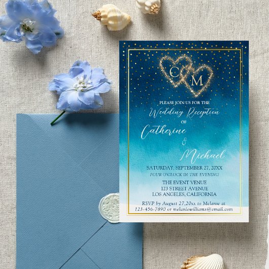 Ocean Blue Waterverf golven met monogram bruiloft Kaart