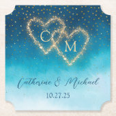 Ocean Blue Waterverf golven met monogram bruiloft Kartonnen Onderzetters (Voorkant)