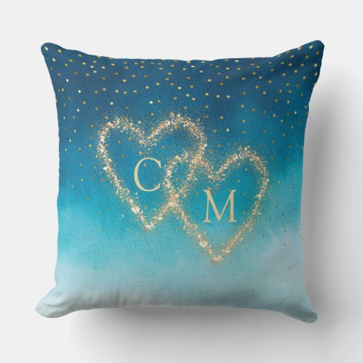 Ocean Blue Waterverf golven met monogram bruiloft Kussen (Voorkant)