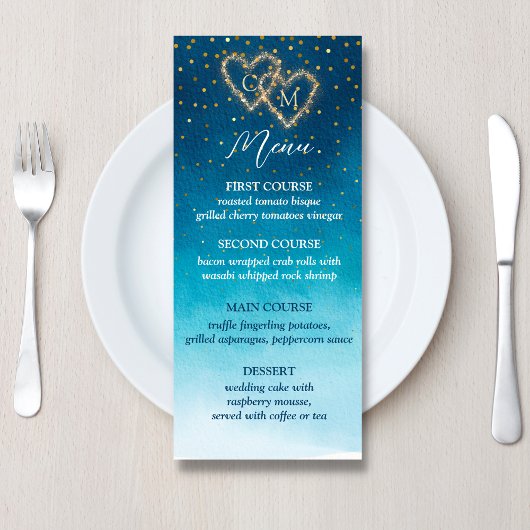 Ocean Blue Waterverf golven met monogram bruiloft Menu