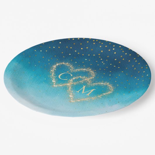 Ocean Blue Waterverf golven met monogram bruiloft Papieren Bordje (Gekanteld)