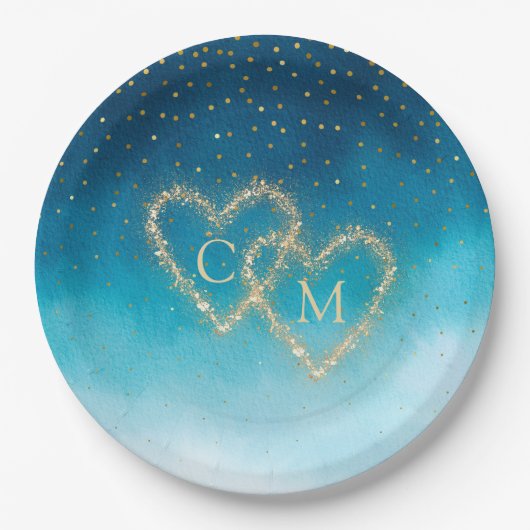 Ocean Blue Waterverf golven met monogram bruiloft Papieren Bordje (Voorkant)
