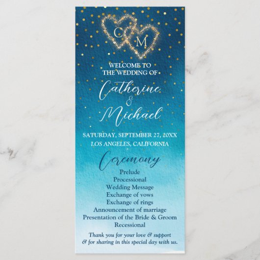 Ocean Blue Waterverf golven met monogram bruiloft Programmakaart (Voorkant)
