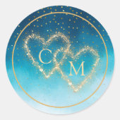 Ocean Blue Waterverf golven met monogram bruiloft Ronde Sticker (Voorkant)