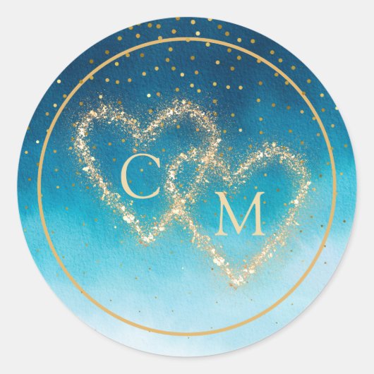 Ocean Blue Waterverf golven met monogram bruiloft Ronde Sticker (Voorkant)
