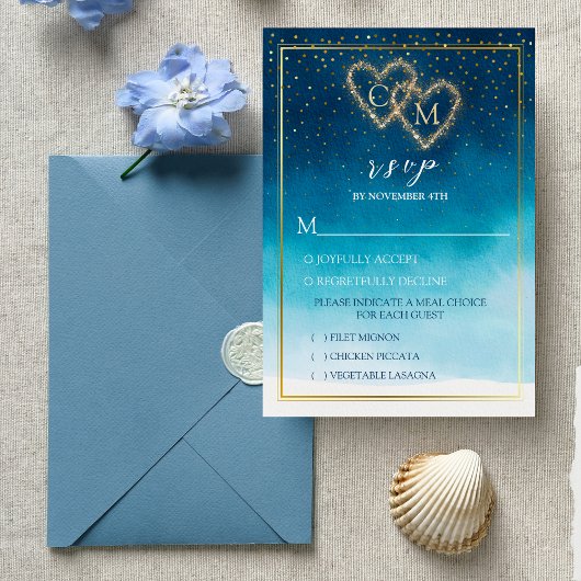 Ocean Blue Waterverf golven met monogram bruiloft RSVP Kaartje
