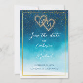 Ocean Blue Waterverf golven met monogram bruiloft Save The Date (Voorkant)