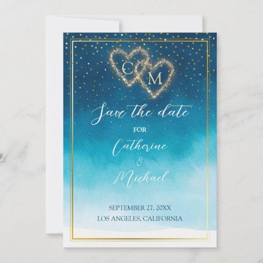 Ocean Blue Waterverf golven met monogram bruiloft Save The Date (Voorkant)