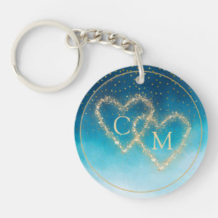 Ocean Blue Waterverf golven met monogram bruiloft Sleutelhanger