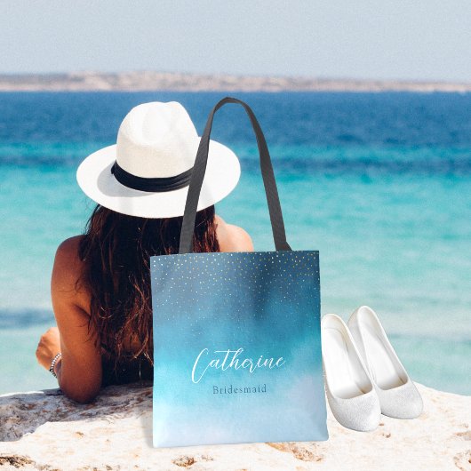 Ocean Blue Waterverf golven met monogram bruiloft Tote Bag