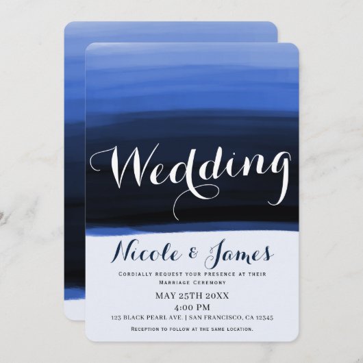 Ocean Blue Waterverf Modern Glam Wedding Kaart (Voorkant / Achterkant)