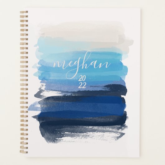 Ocean Blue Waterverf Monogram Script Planner (Voorkant)