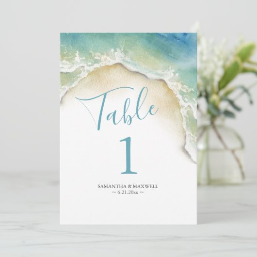 Ocean Blue Waterverf Table Number Kards Kaart (Staand voorkant)