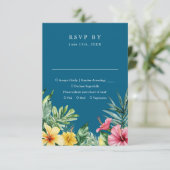 Ocean Blue Waterverf Tropical Floral Wedding RSVP Kaartje (Staand voorkant)
